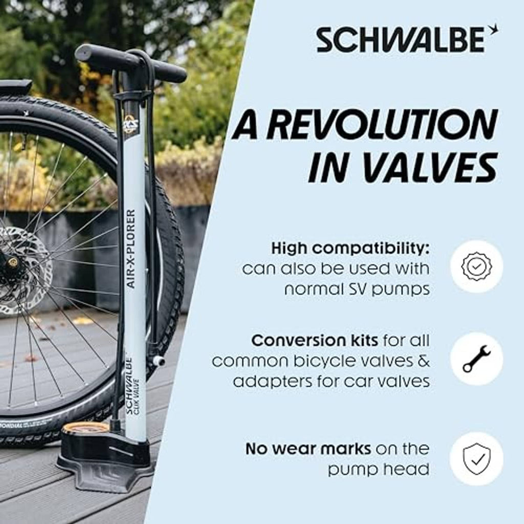 Bike tire with a valve insert and a standing pump head connected for inflation