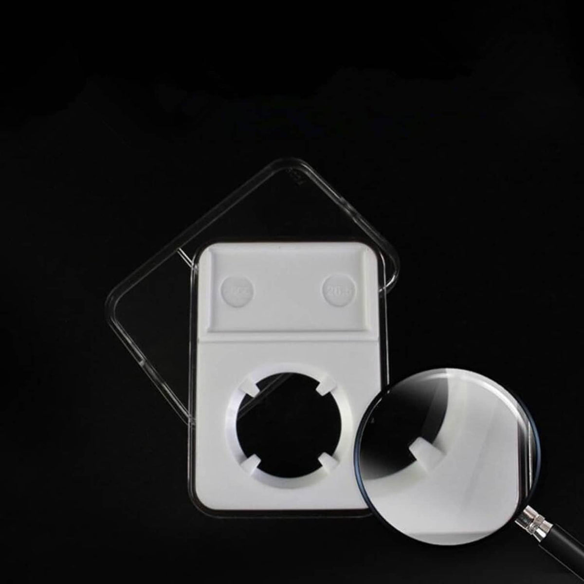 Acrylic coin slab holder with circular insert piece and magnifier