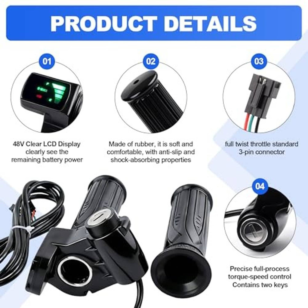 Electric bike throttle with clear LCD display, twist grip, and 3-pin connector