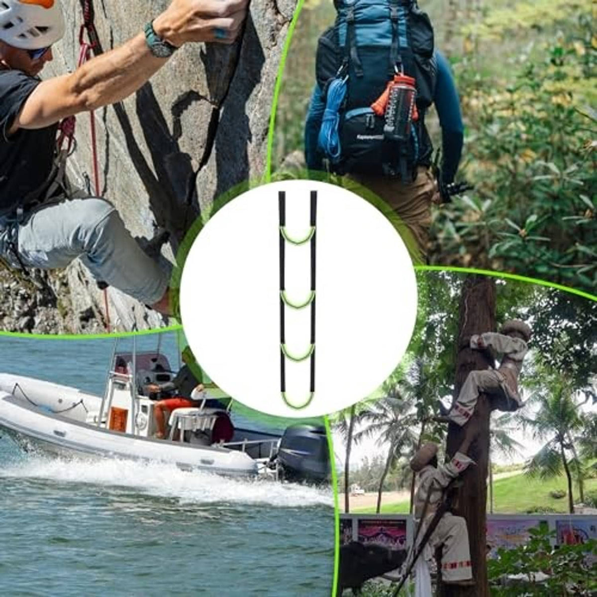 Climbing aider with three U-shaped step loops shown over outdoor activities.