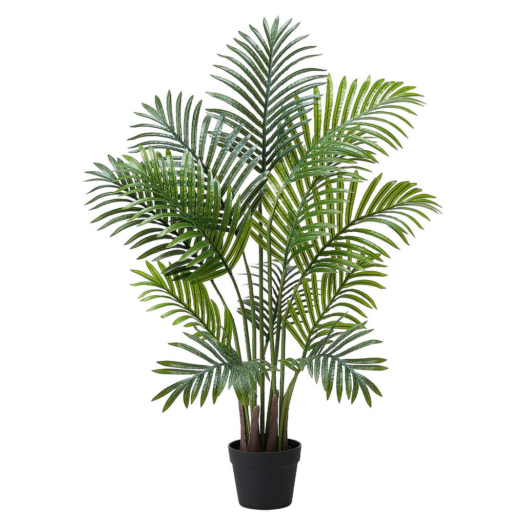 Artificial areca palm tree with green fronds in a dark pot