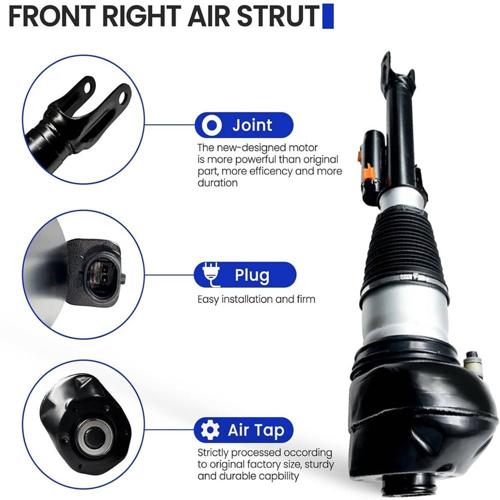 Front right air suspension shock strut with black air bellows, plug connection, and air tap