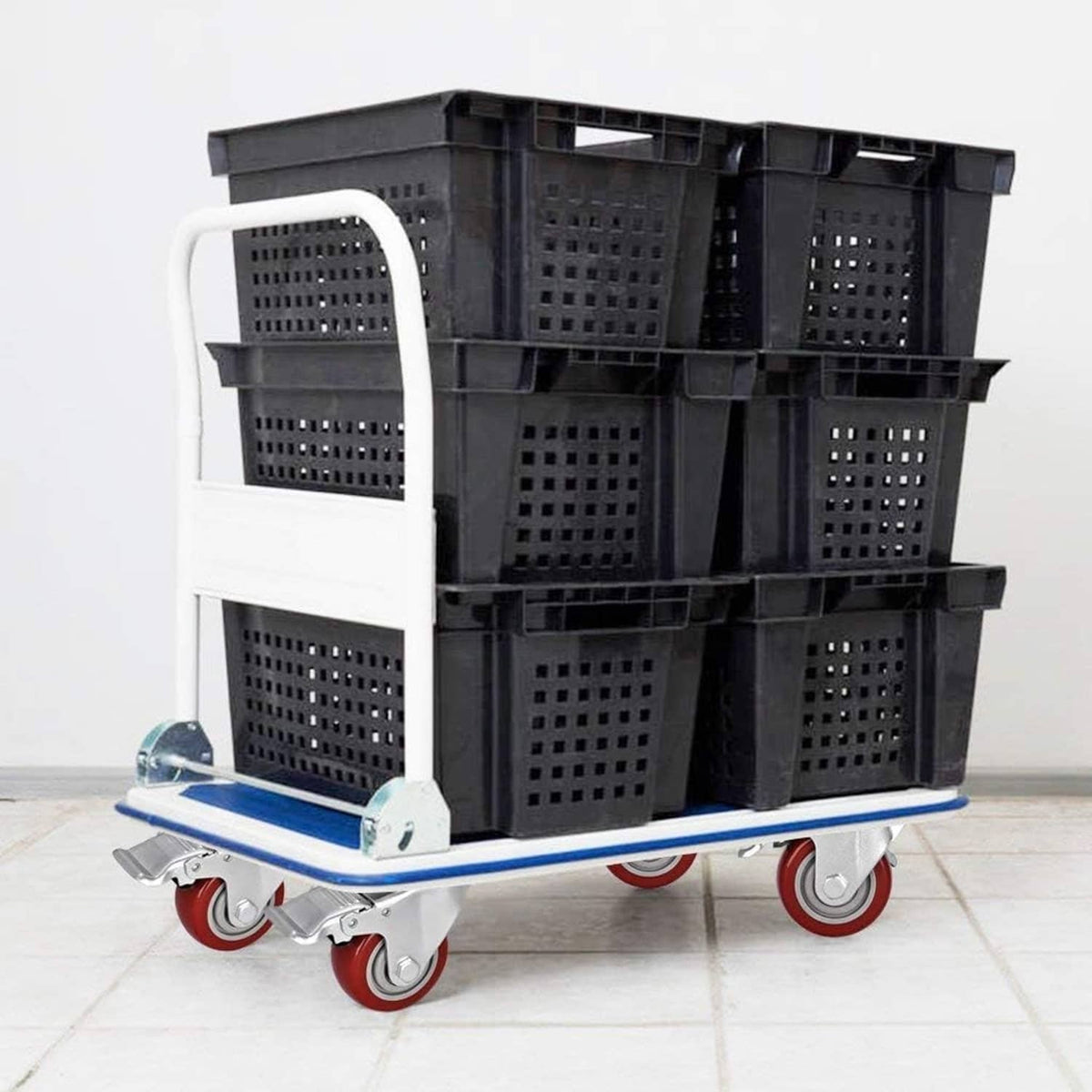 Heavy-duty cart caster set with red wheels and swivel locking mechanism