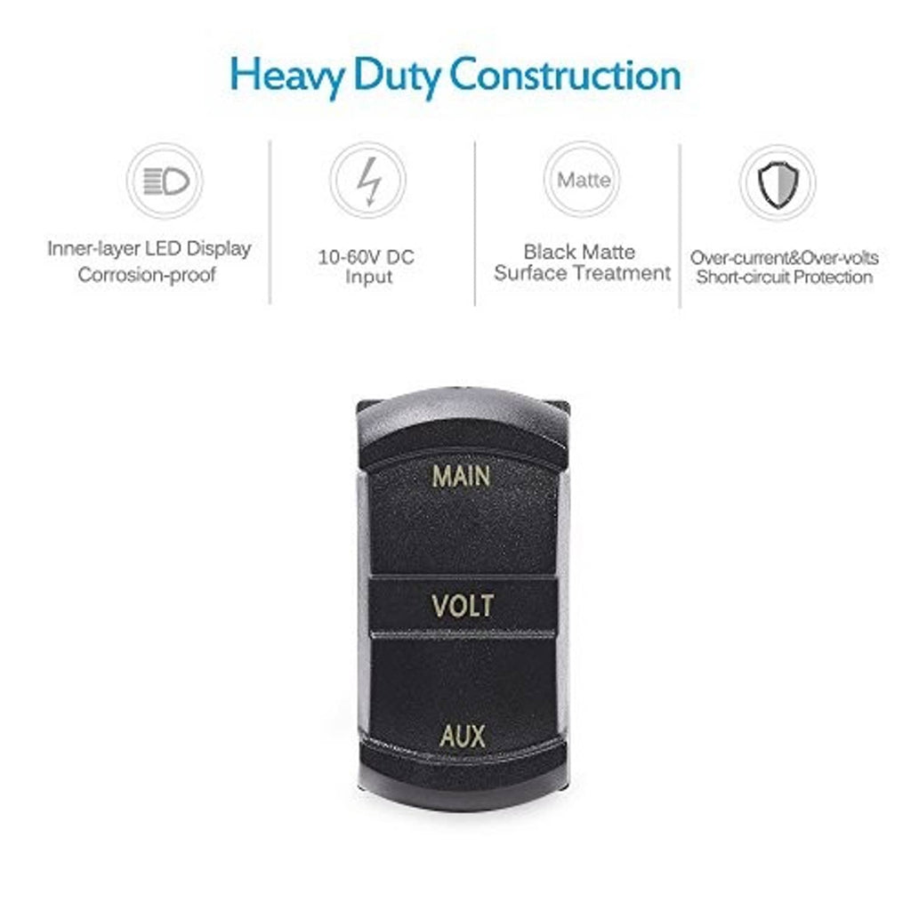 Matte black dual voltmeter body with blue LED MAIN, VOLT, and AUX labels