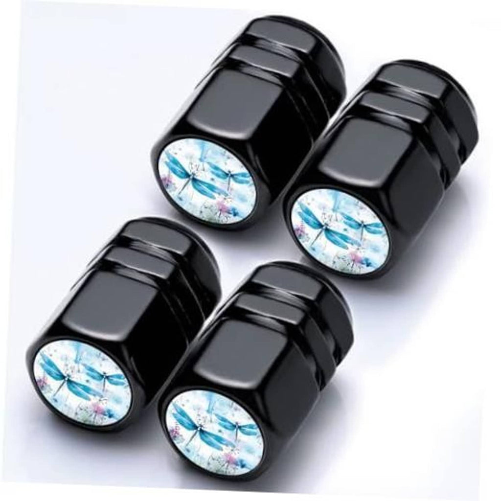 Set of 4 black aluminum tire valve stem caps with dragonfly graphic insets