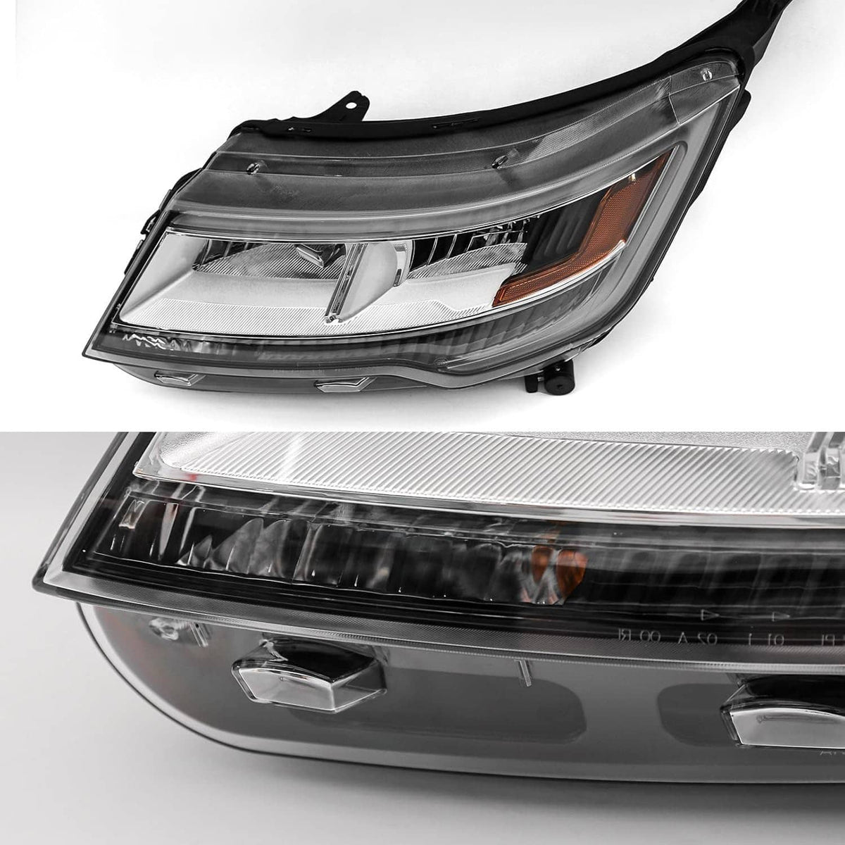 Angled front headlight assembly with chrome reflector and amber side marker