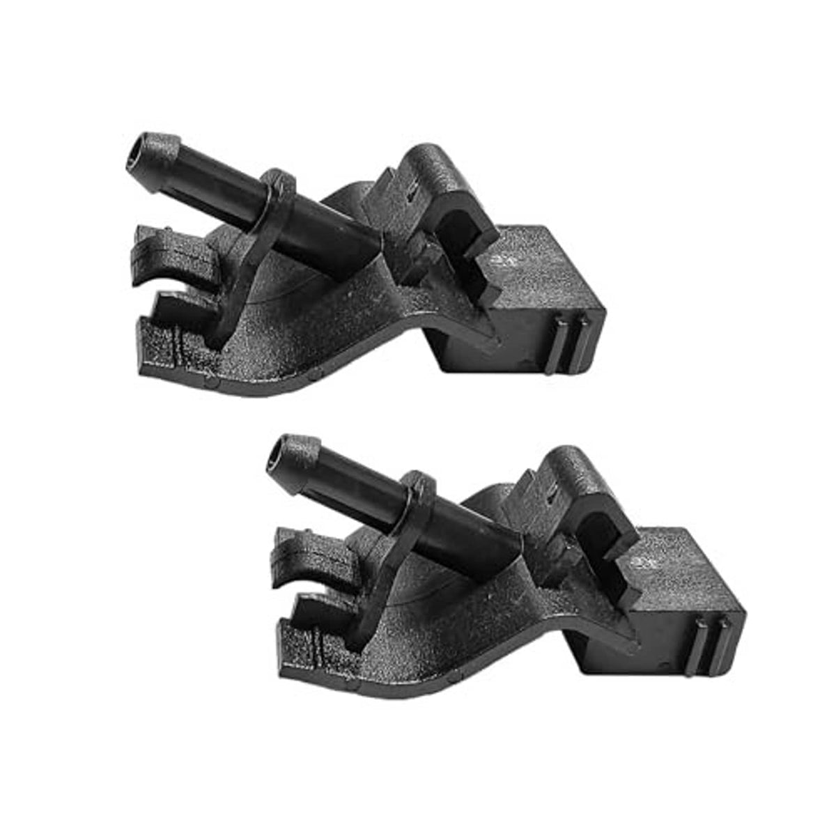 Windshield washer nozzle kit, two black nozzle brackets with long outlet stems