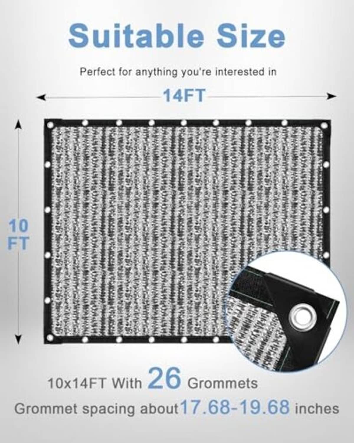 10x14FT reflective shade cloth with black trim and evenly spaced metal grommets
