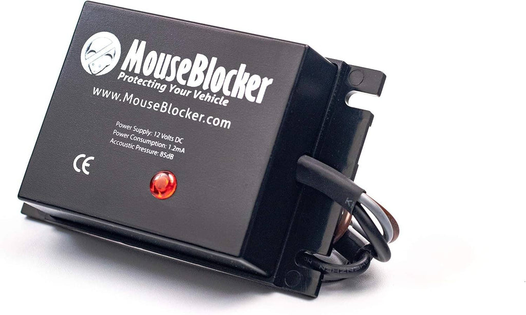 12V MouseBlocker deterrent module with glowing red indicator and bundled black wiring
