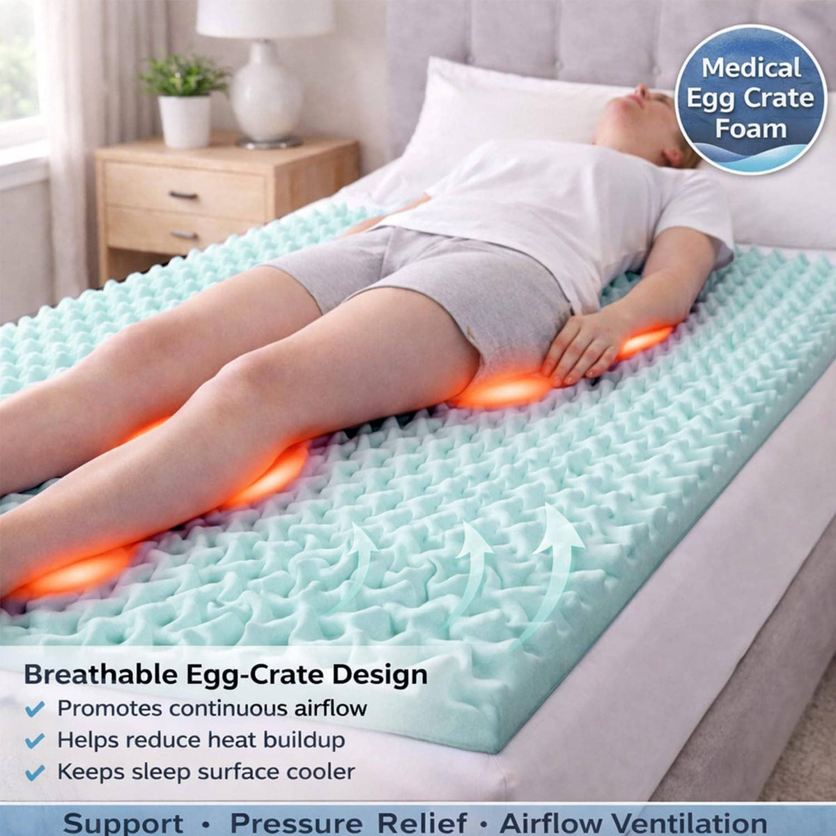 Egg-crate foam mattress topper in light teal placed under a sleeper for support.