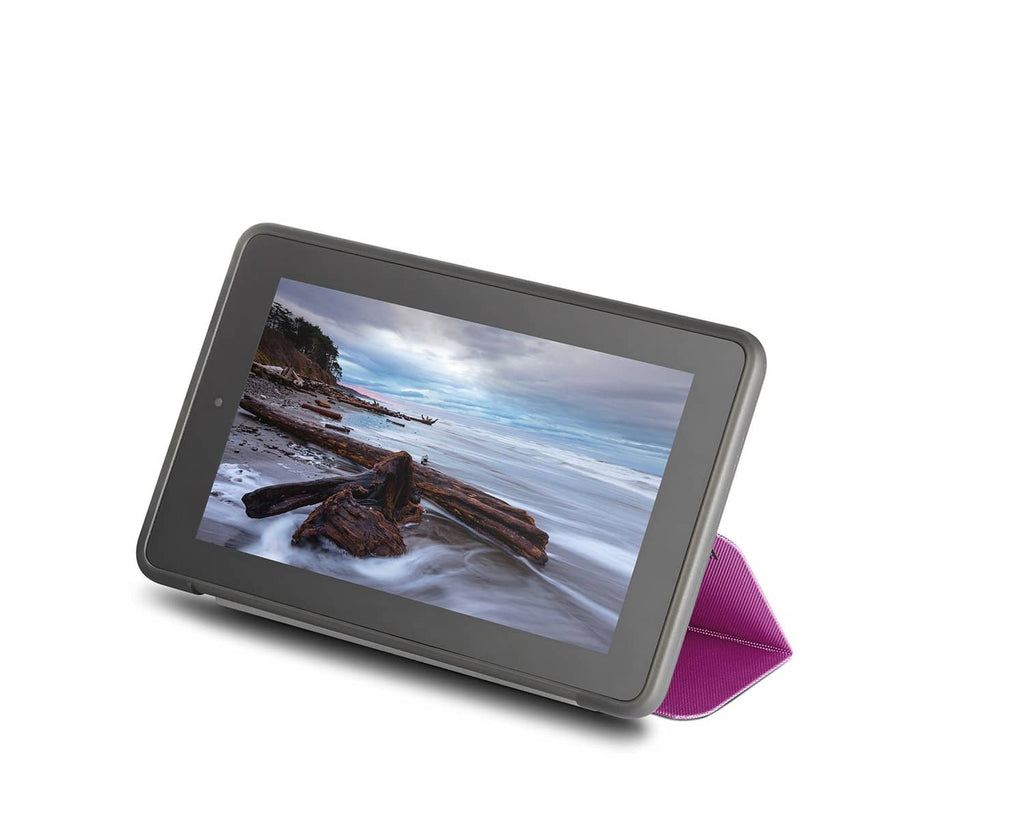 Incipio Clarion pink folio case, tablet shown in landscape with screen cover