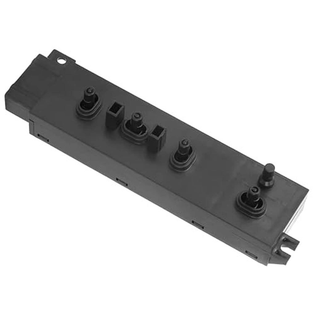 Black seat control switch panel with raised knobs, button slots, and connector end