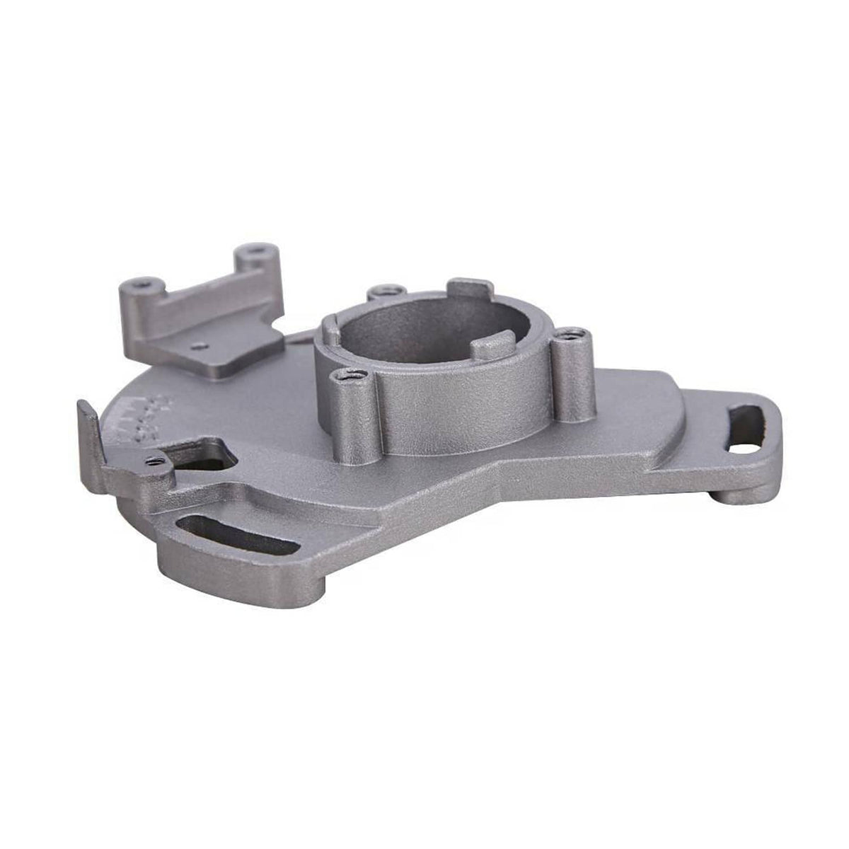 Underside view of gray stator timing plate with circular pocket and mounting tabs