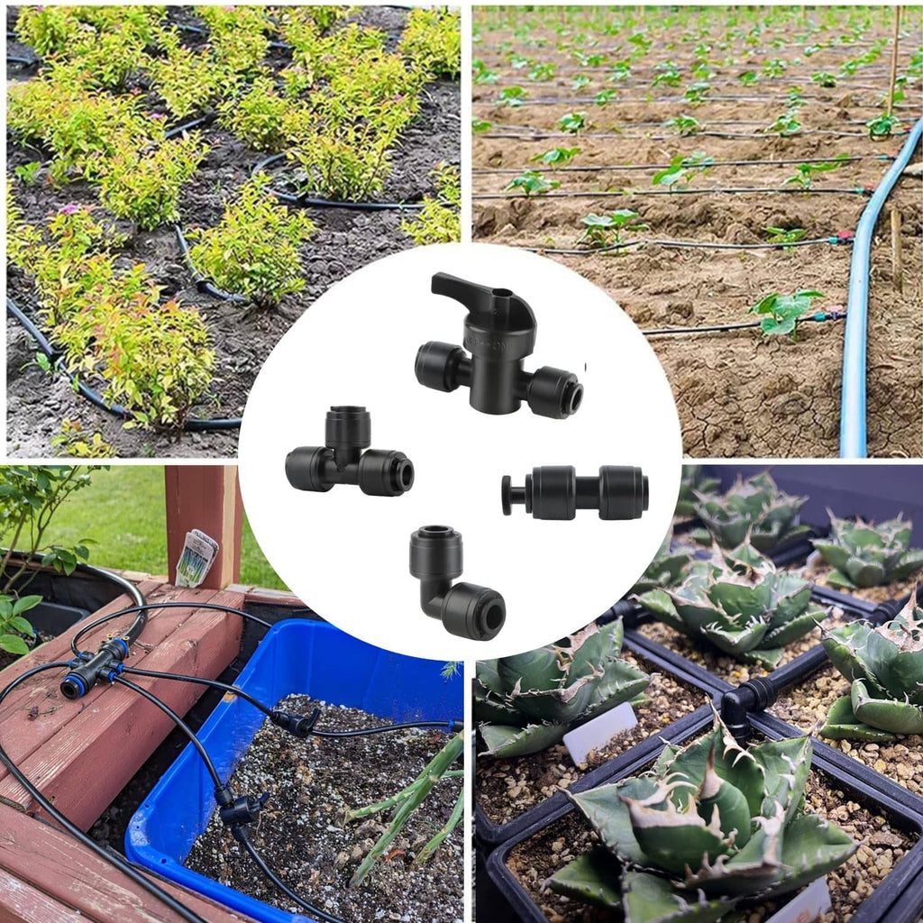 Black drip irrigation quick-connect fitting set for watering garden beds and planters