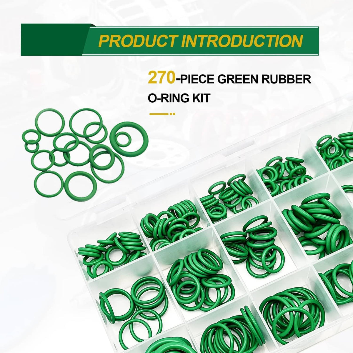 270-piece green rubber O-ring kit with compartment organizer and scattered O-rings
