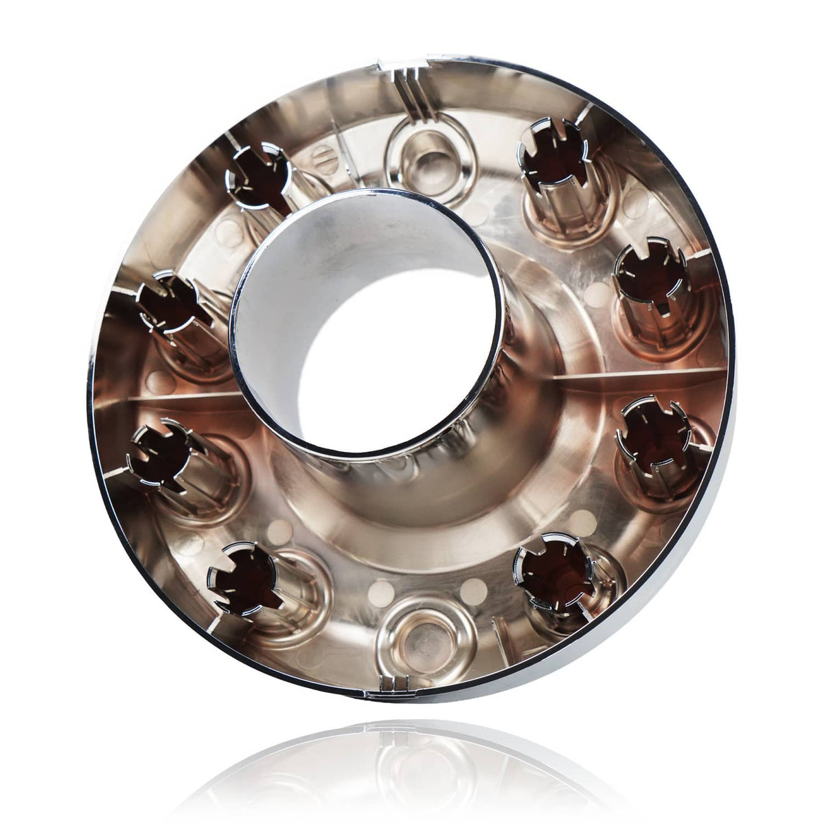 Wheel center hub cap underside with central hole and mounting clips
