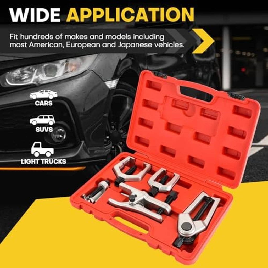 Red ball joint separator kit case with puller tools, threaded rods, and wedge clamps