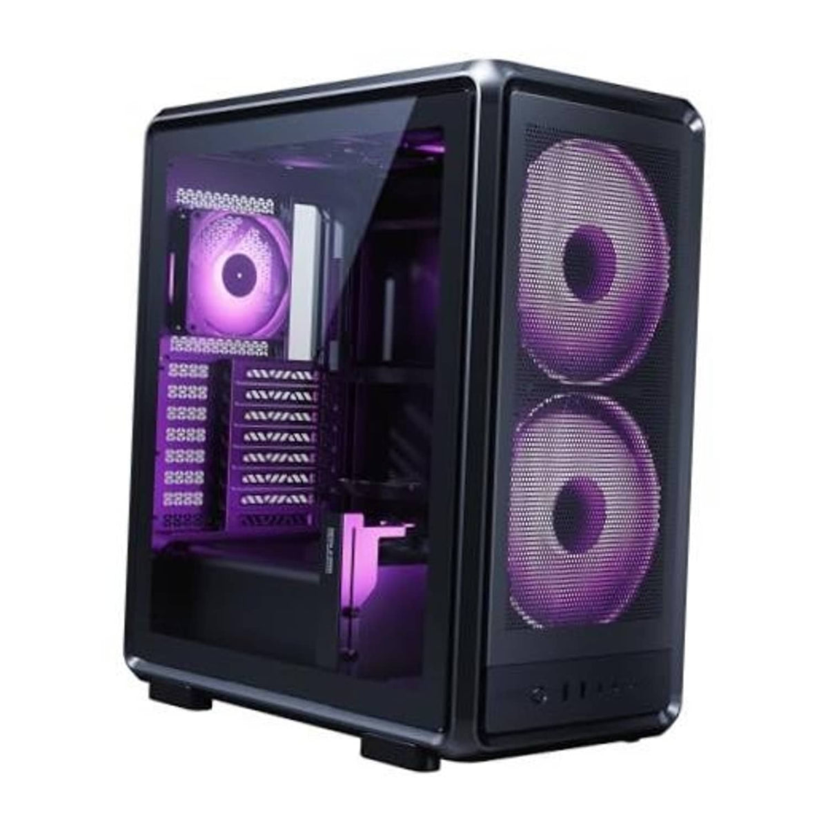 Black PC case with dual RGB cooling fans and tempered glass front panel