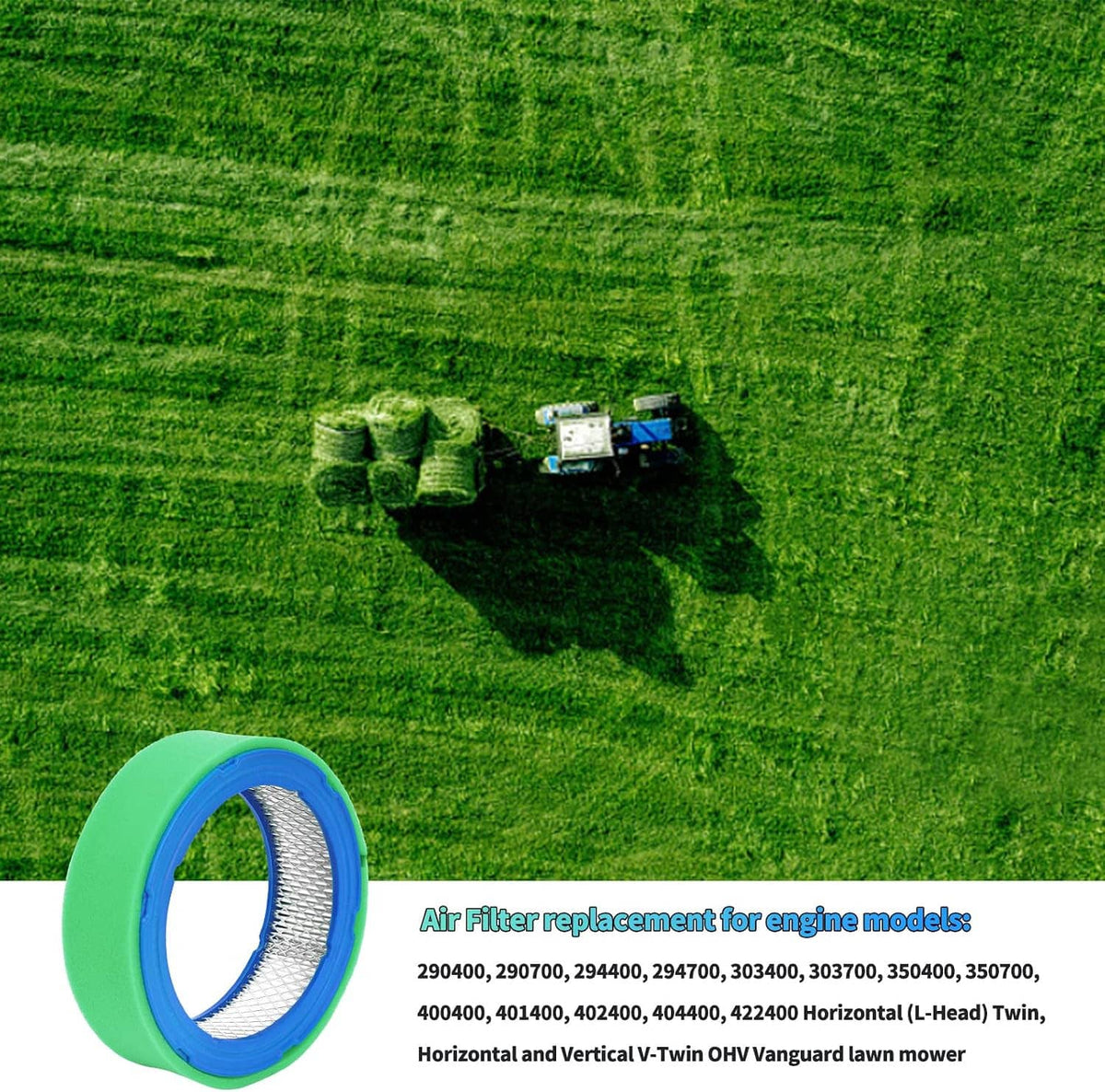 Lawn mower engine air filter replacement with pre-cleaner, blue mesh ring and green foam edge