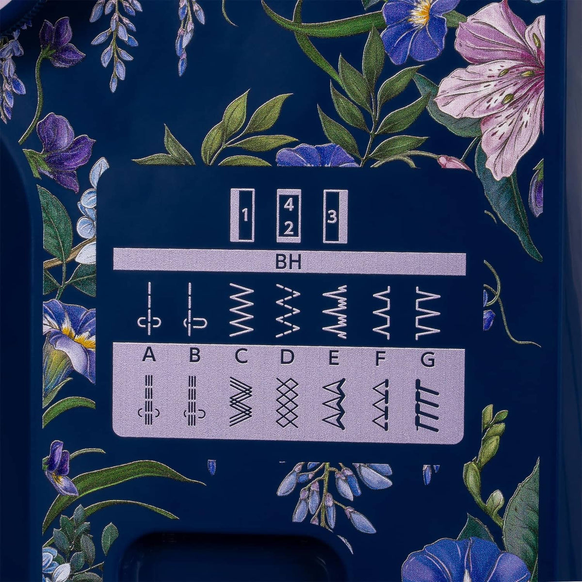 Sewing machine stitch selection panel with numbered patterns and icons