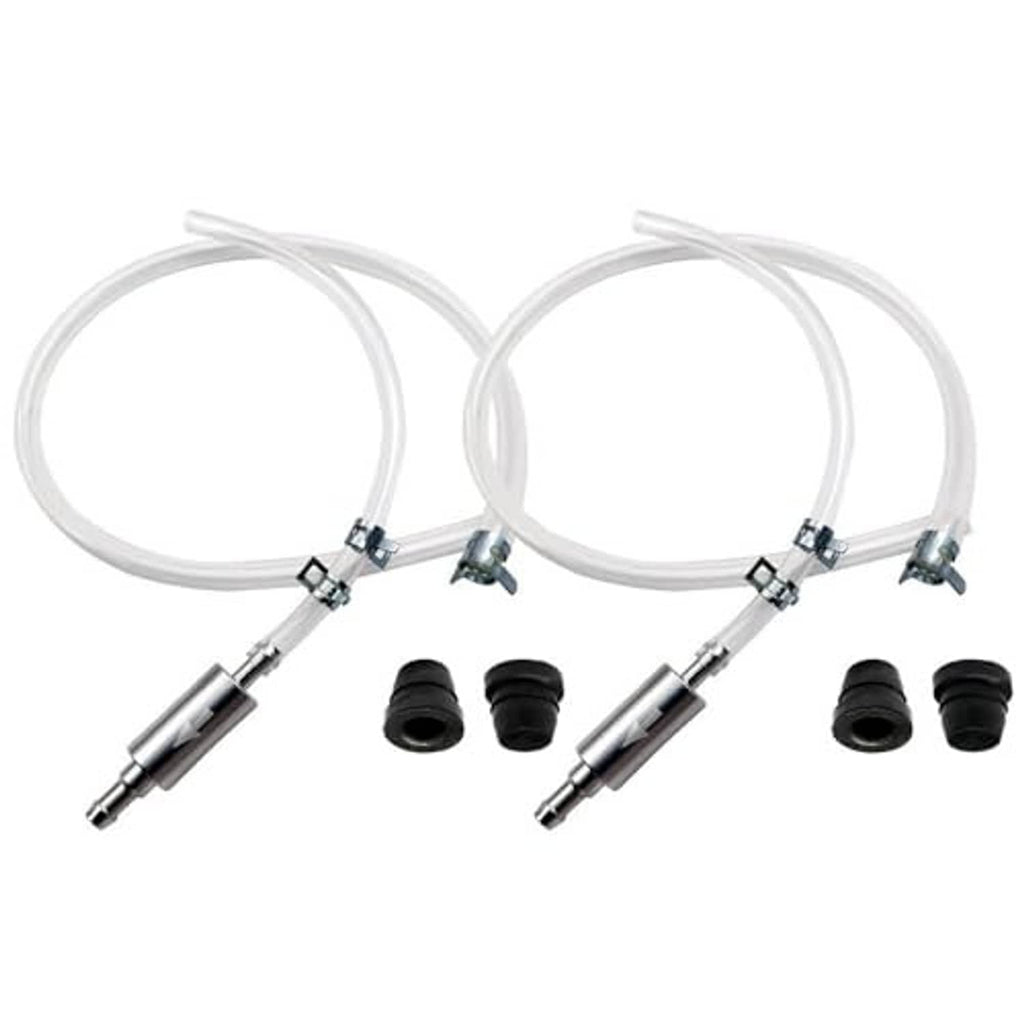 Brake bleeder hose kit with two white hoses, metal valves, and black rubber caps.