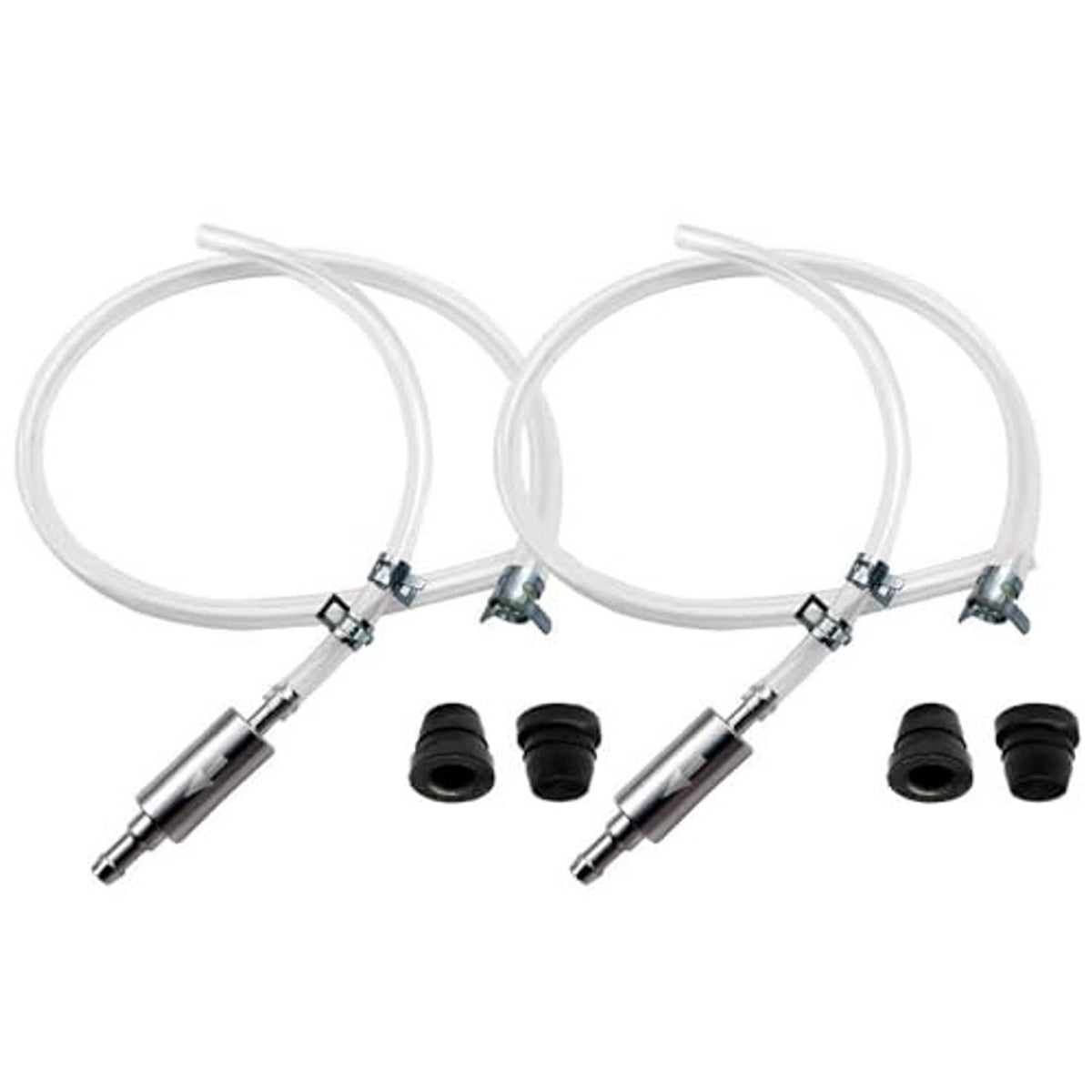 Brake bleeder hose kit with two white hoses, metal valves, and black rubber caps.