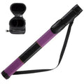 Purple and black 1x1 billiard cue hard case with open pouch and carrying strap