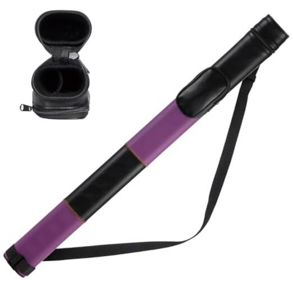 Purple and black 1x1 billiard cue hard case with open pouch and carrying strap