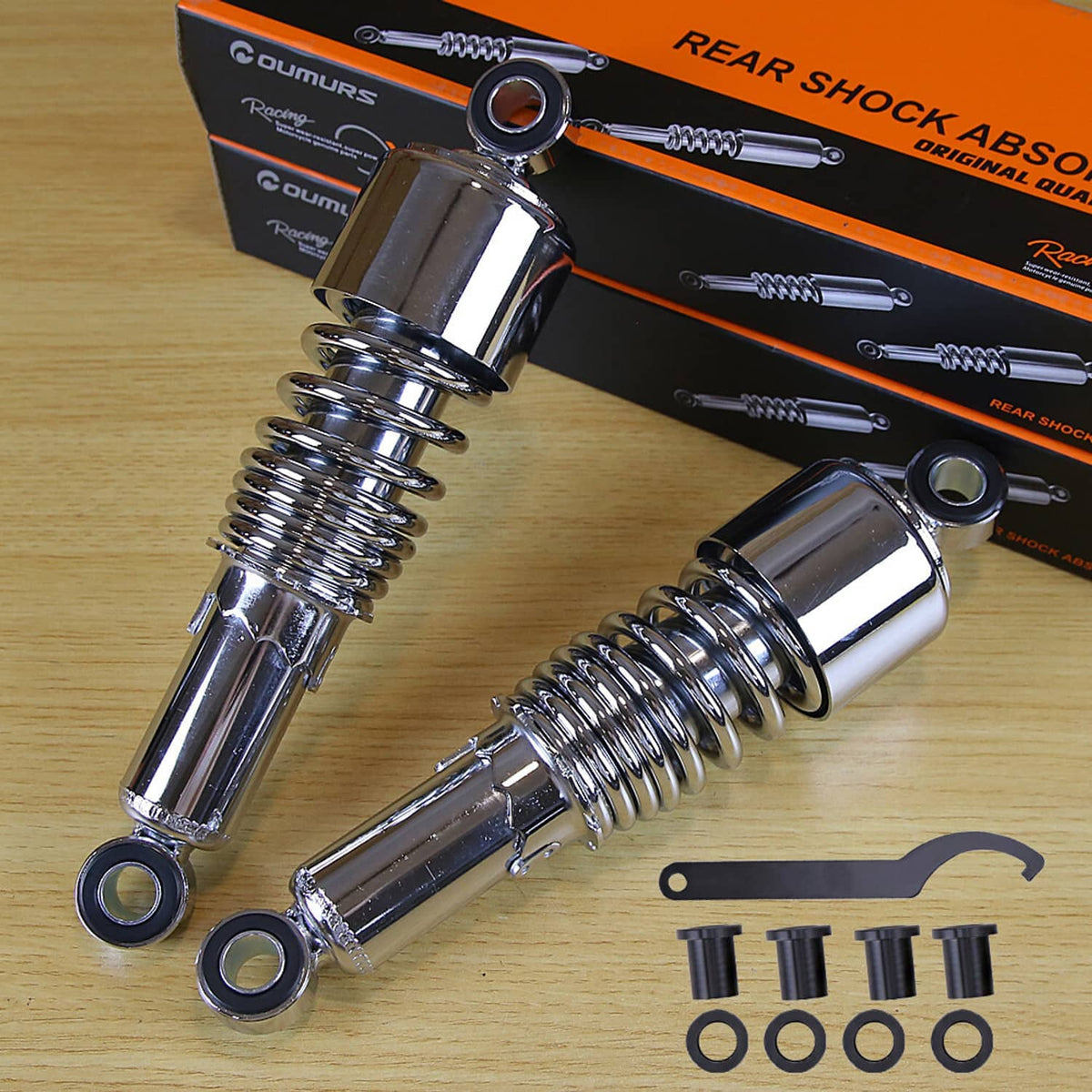 Chrome rear shock absorbers pair with coiled springs and included bushings