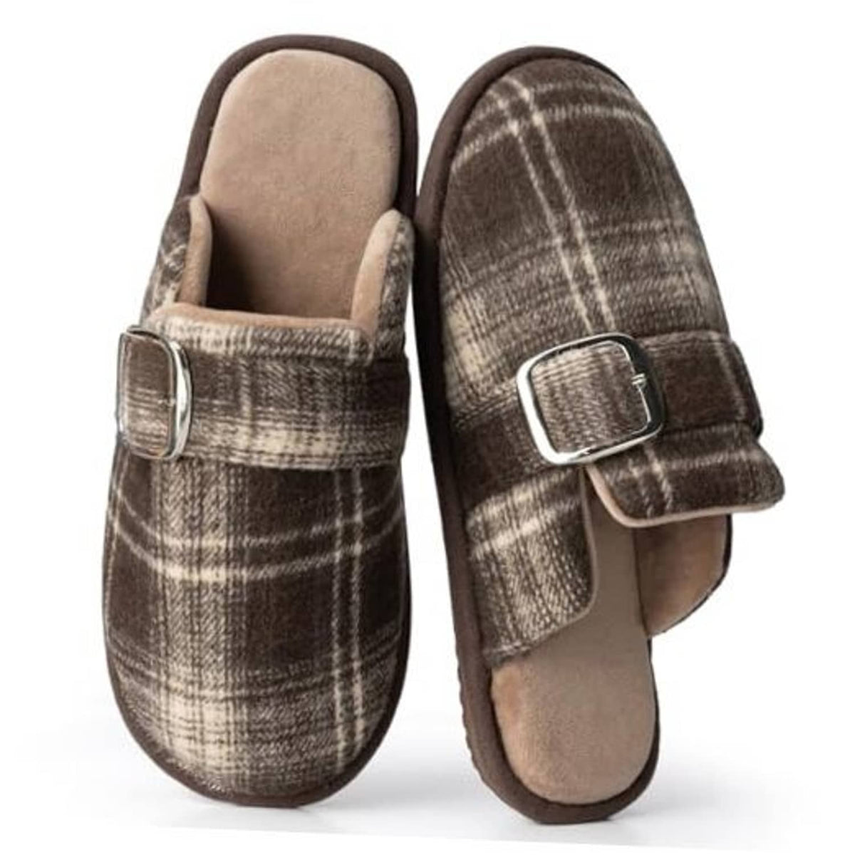 Brown and beige plaid fuzzy slippers with buckle strap and soft suede-like lining