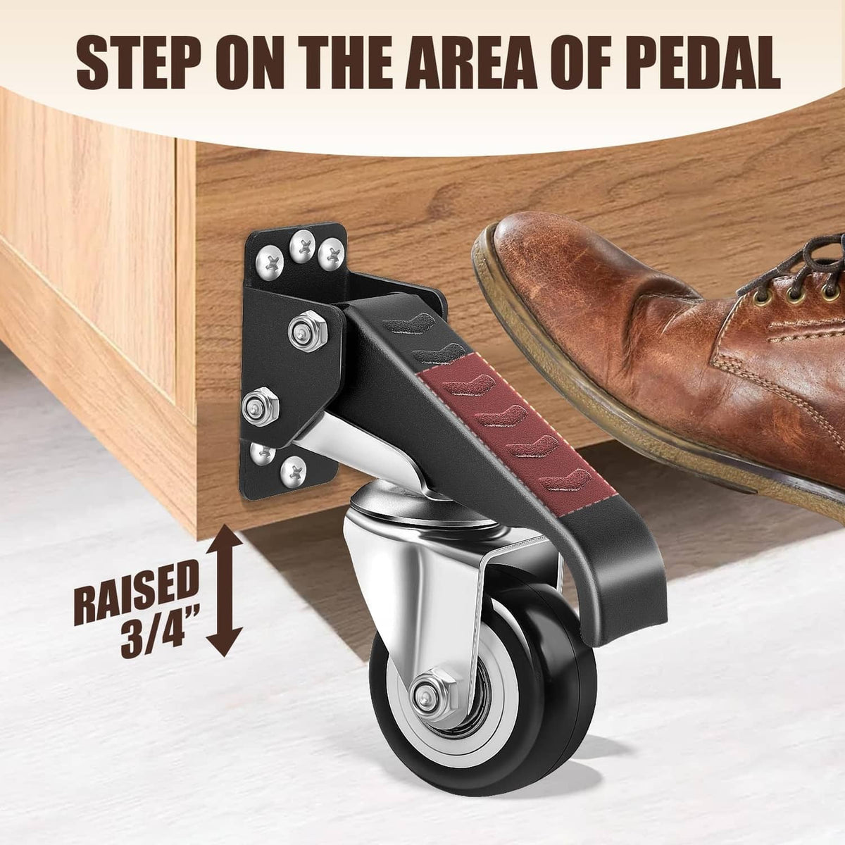 Quick-release workbench caster with raised 3/4 in pedal and swivel wheel, black base.