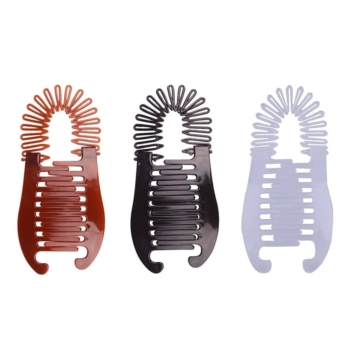 Set of 3 elongated banana hair clips in red-brown, black, and light lavender plastic