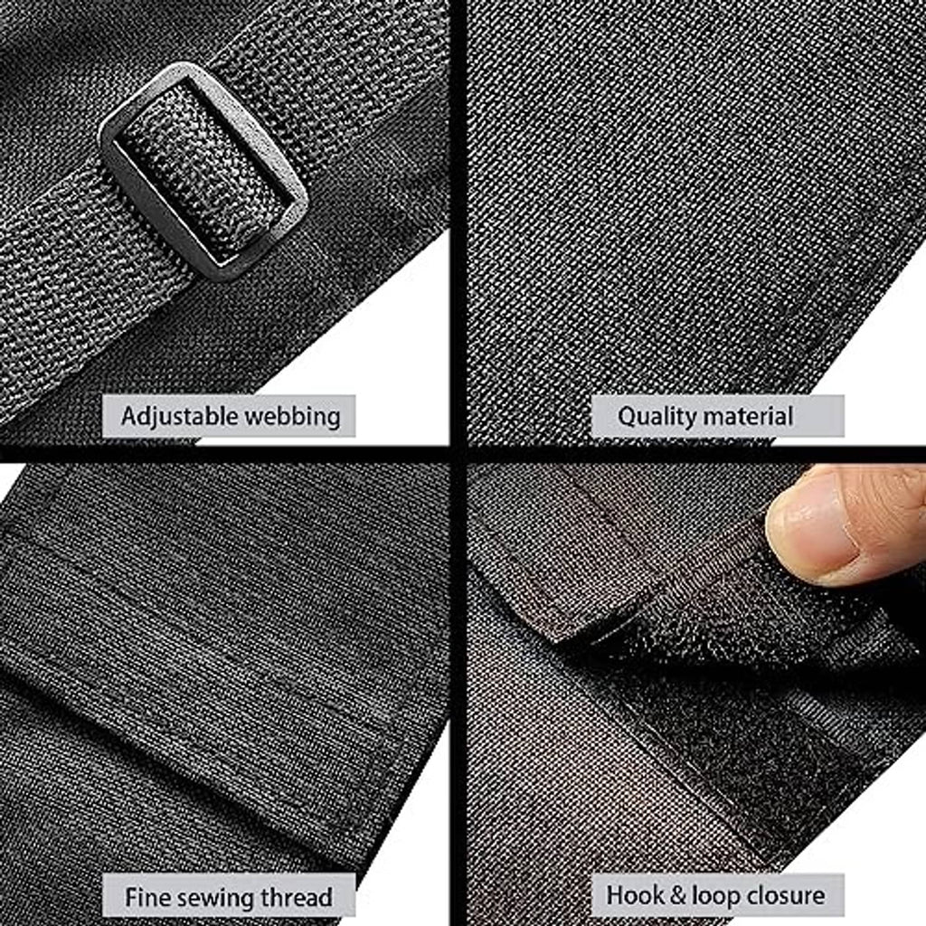 Black cue case close-up: adjustable webbing, fine stitching, hook-and-loop closure