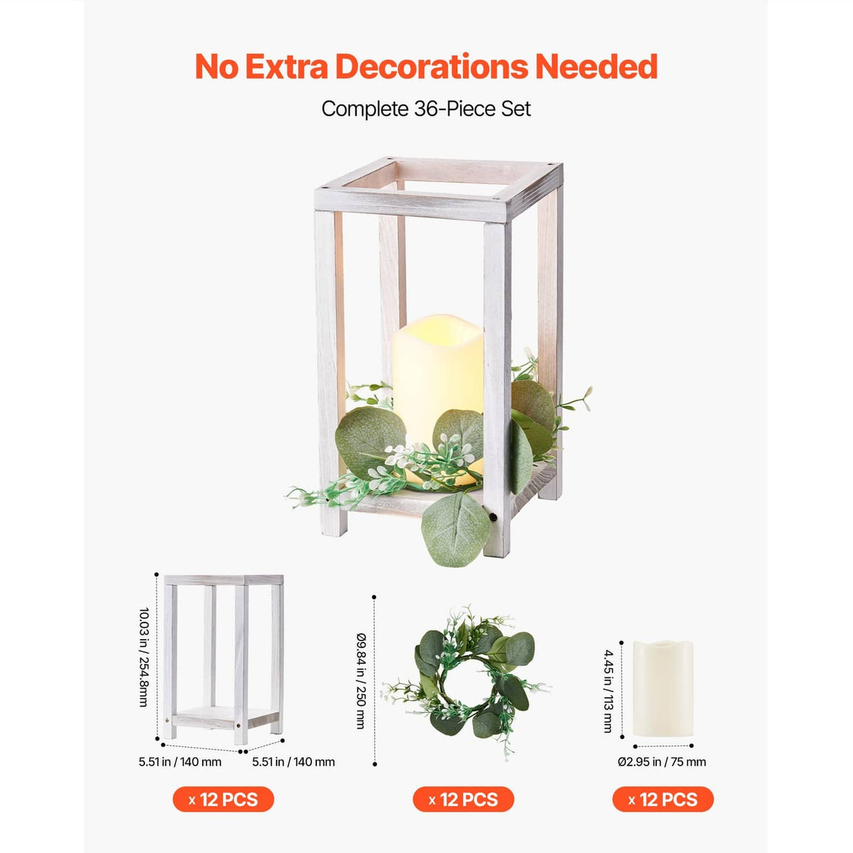 White wooden lantern with LED candle and faux eucalyptus greenery, single front view
