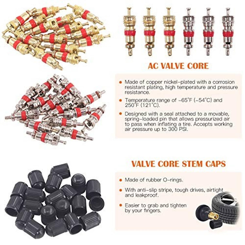 Copper tire valve cores and black rubber valve stem caps for repairs