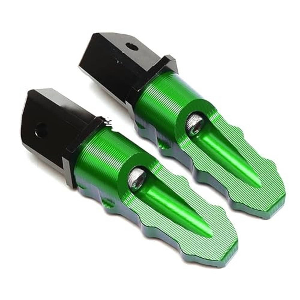 Green motorcycle frame sliders with black brackets and pointed aluminum ends