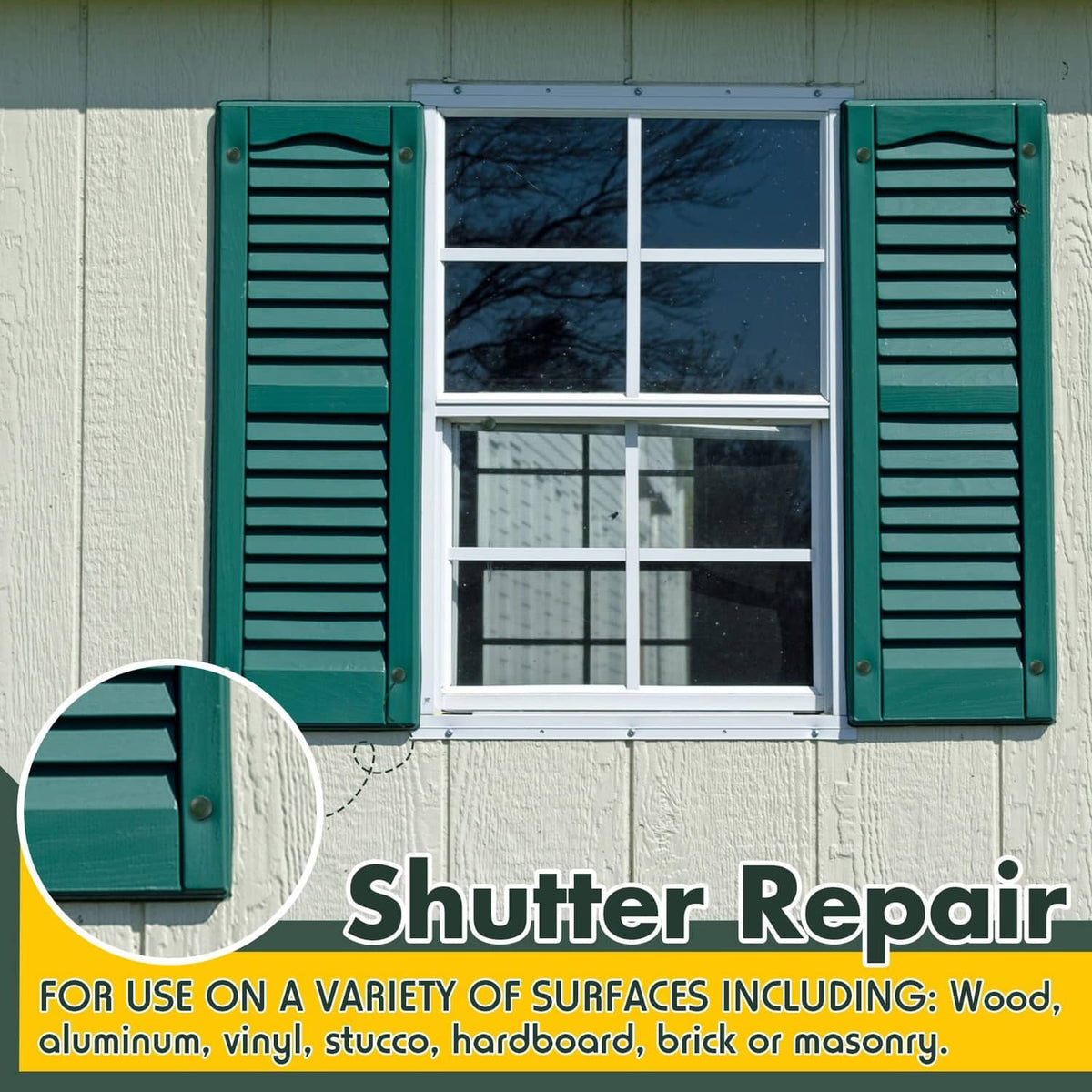 Forest green vinyl shutter fasteners, plastic screws attached to louver shutters