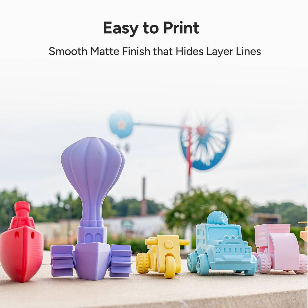 PLA filament creating smooth matte printed parts with clean surfaces in various colors