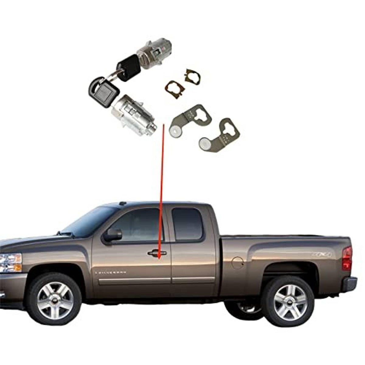 Front door lock cylinder kit with keys, shown aligned to front doors