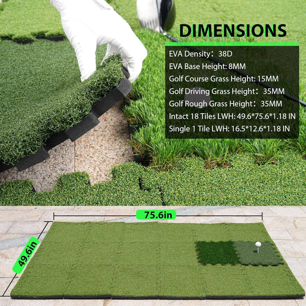 Tri-turf golf hitting mat with size markings and course-like grass zones for practice