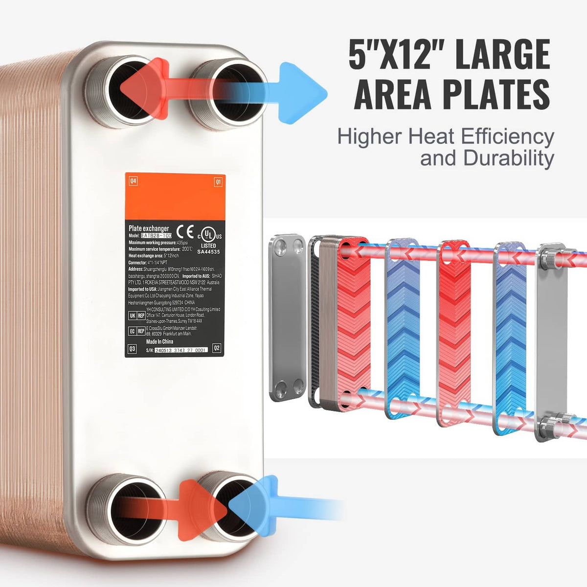 Brazed plate heat exchanger with large 5 x 12 in plate area and four MNPT ports