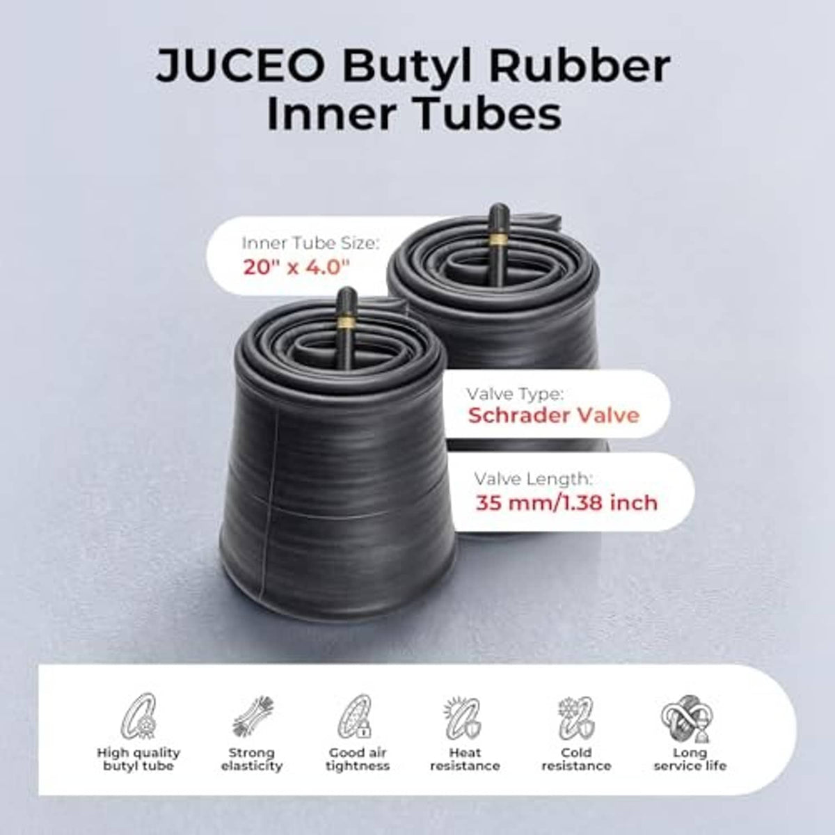 Two black butyl rubber inner tubes with Schrader valve, length shown
