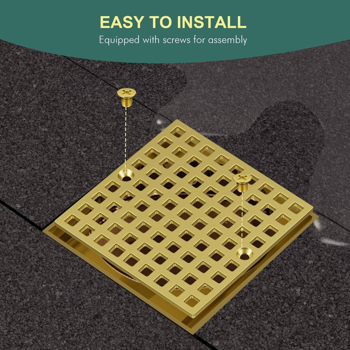 Gold square floor drain cover with raised grate and corner screw holes