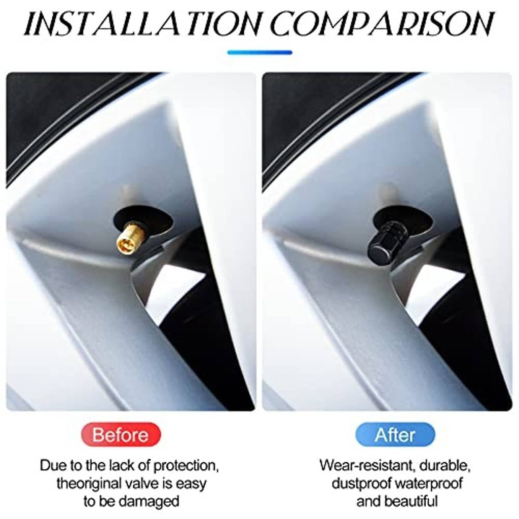 Installation comparison: tire valve stem with and without a black hex valve cap