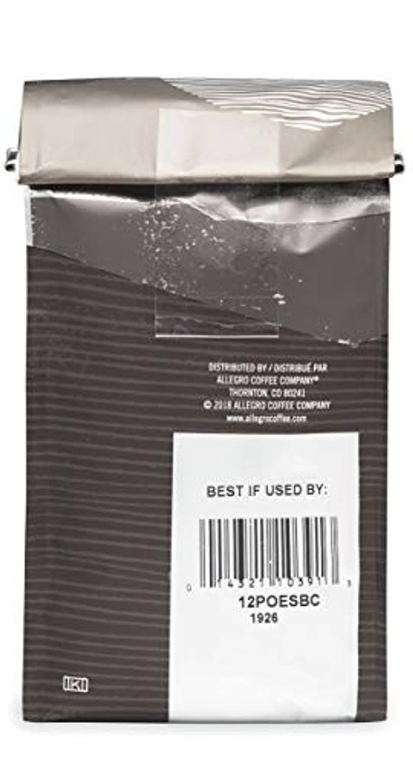 Allegro decaf organic espresso coffee bag, back label with barcode and use-by date