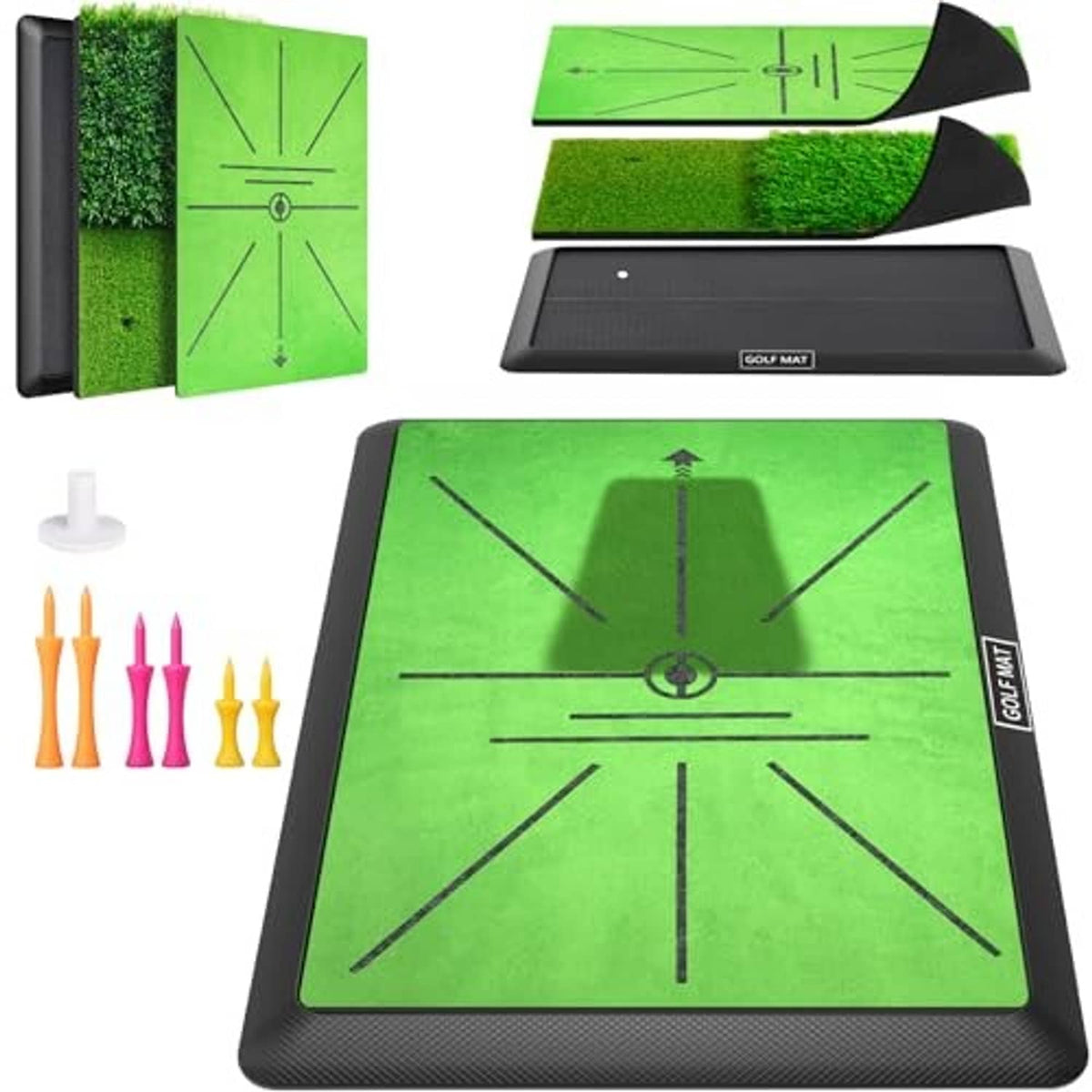Green golf practice mat with black rubber edge and central target alignment grid