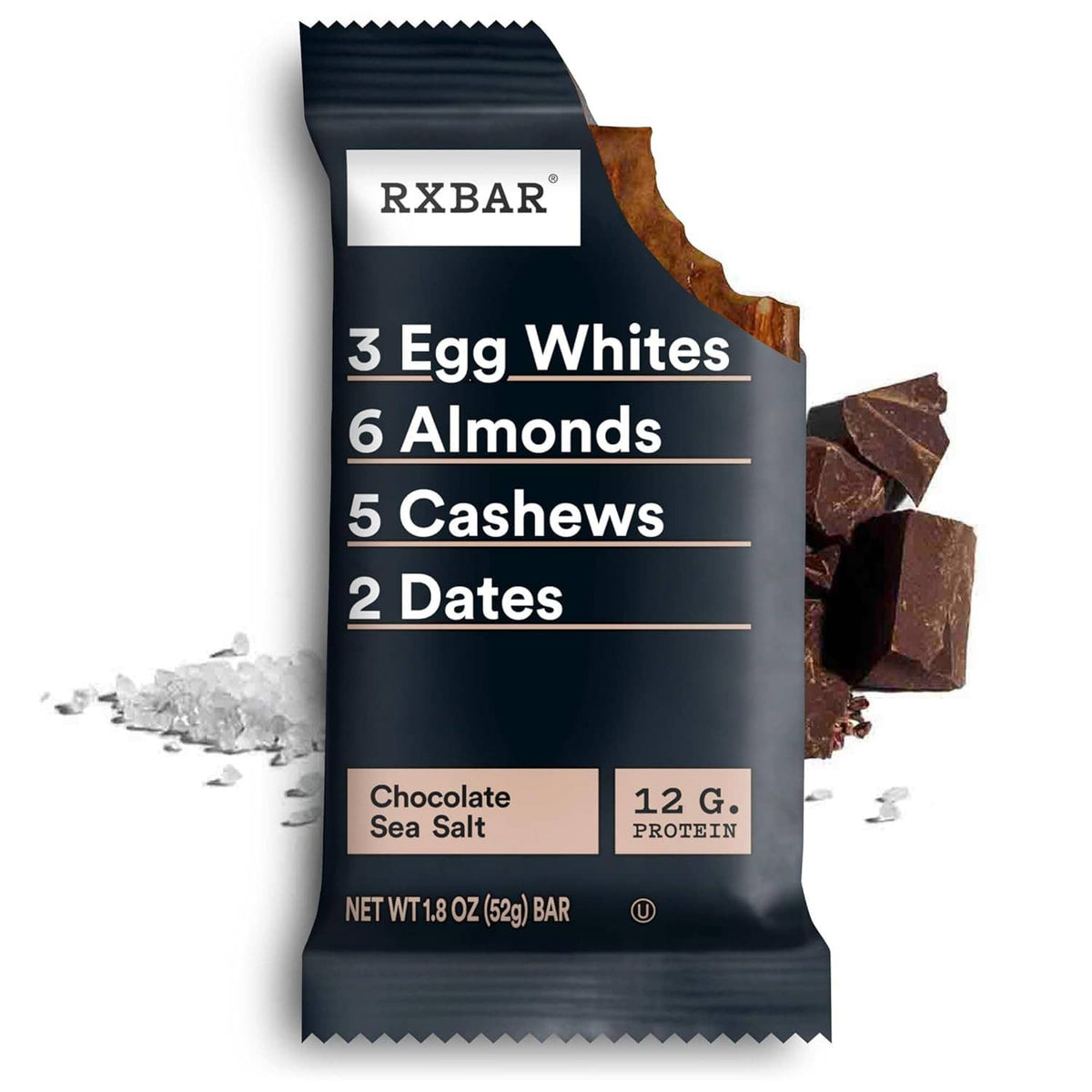 RxBAR Chocolate Sea Salt protein bar packet with 12 g protein label