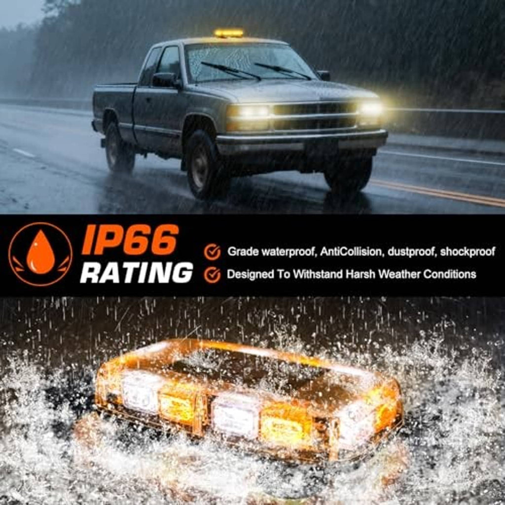 Waterproof LED strobe light bar with amber and white glow mounted on vehicle