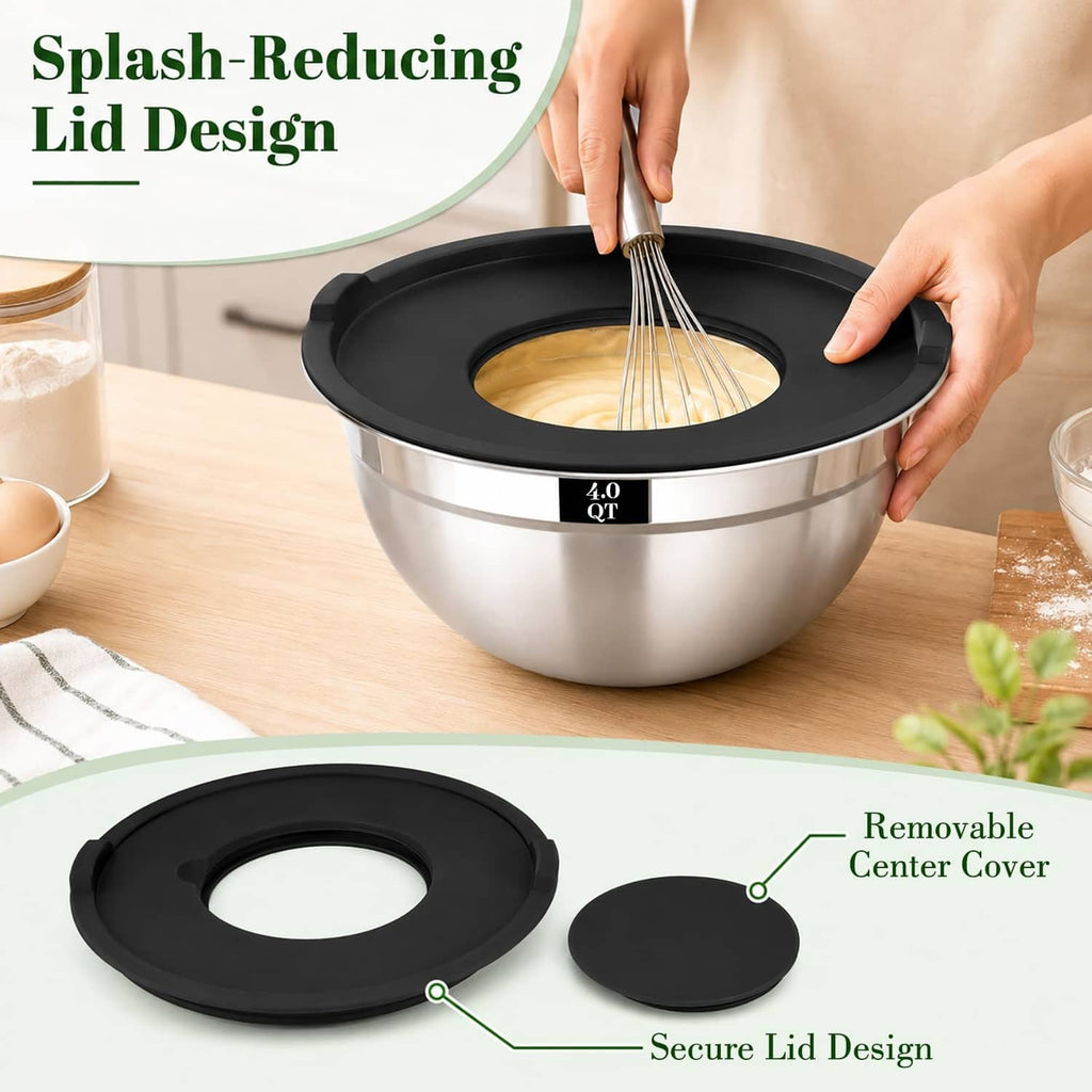 Stainless mixing bowl with black lid and removable center cover for mixing