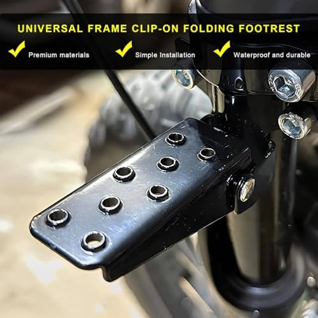 Black foldable frame clip-on footrest with perforated metal pedal plate